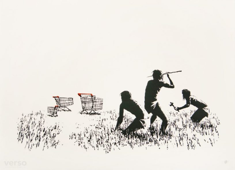 Trolley Hunters (Black & White) Print by Banksy